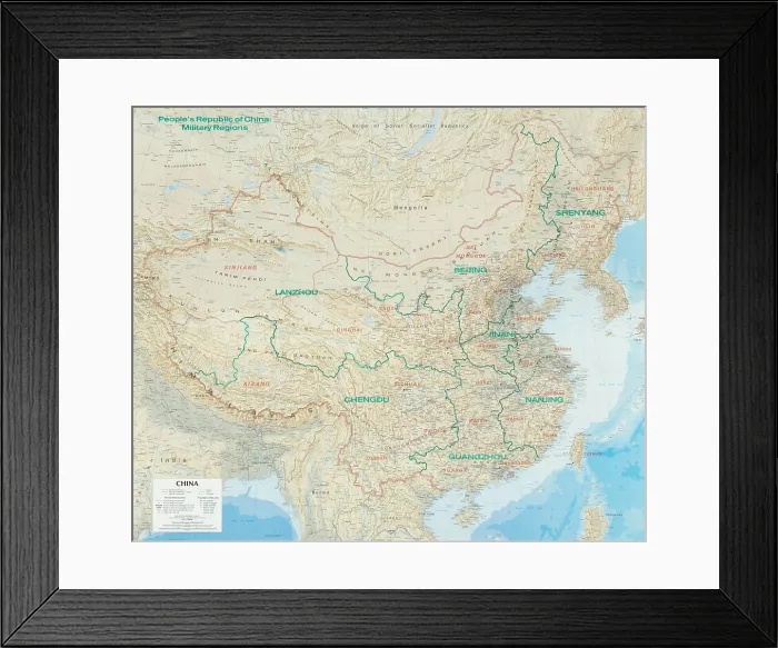 Framed Print : Map of China with Chinese military command zones delineated, 1986. The nation is subdivided into five theater commands, Eastern, Southern, Western, Northern, and Central