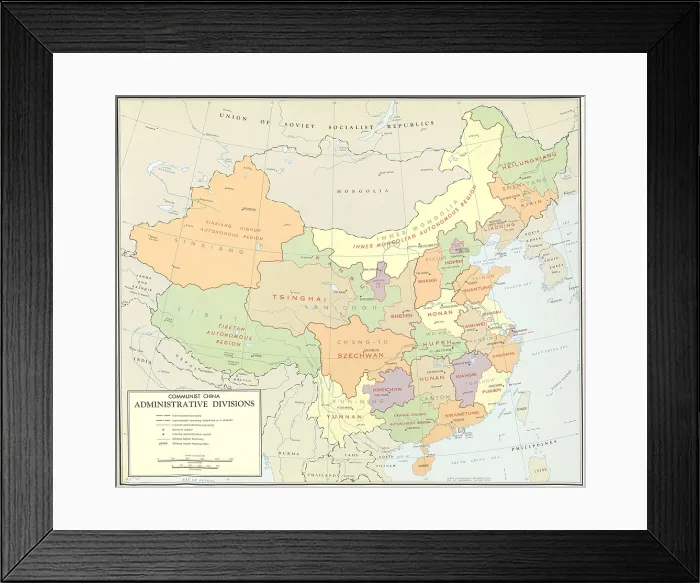 Framed Print : Political map of Communist China Administrative Divisions, ca. 1970. The map uses the older Postal system of Chinese language transliteration for the place name Sinkiang vs Framed Print : Political map of Communist China Administrative Divisions, ca. 1970. The map uses the older Postal system of Chinese language transliteration for the place name Sinkiang vs