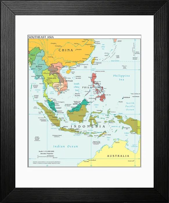Framed Print : Political map of 2013 depicting Southeast Asia and its complex ocean waterways, including the critical navigation choke-point, the Strait of Malacca