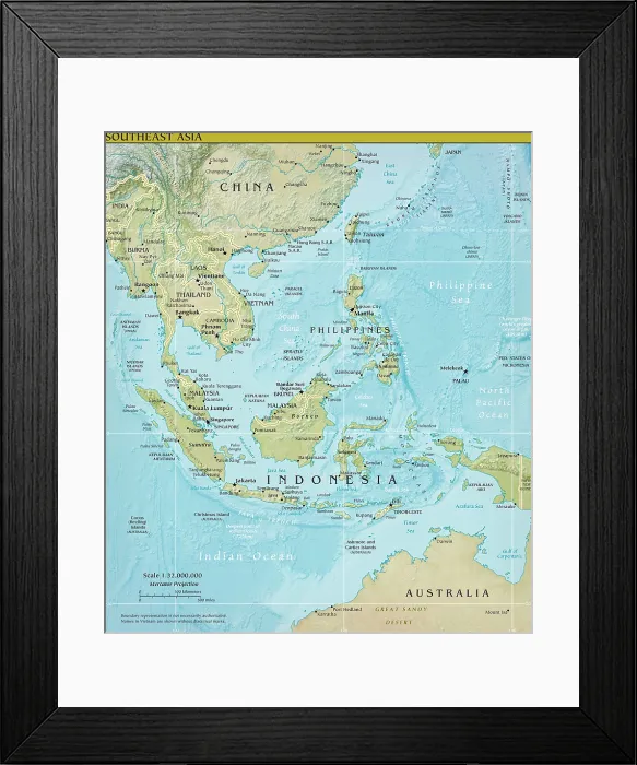 Framed Print : Topographical map of 2013 shows the South China Sea, with shores on China, Taiwan, Vietnam, Thailand, Cambodia, Malaysia, Indonesia, and the Philippines