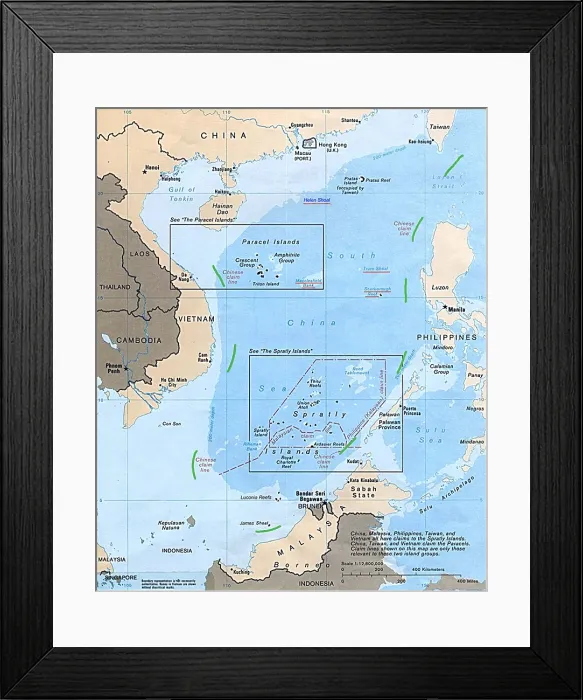 Framed Print : 1988 map of the Peoples Republic of Chinas nine-dash line encloses most of the South China Sea, which China claims as its territorial waters