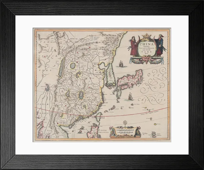 Framed Print : Map of China 1638, by Dutch cartographer Jan Jansson, and published in his Atlas Novus. The map is based on Western maps of China of the previous fifty years. (BSLOC_2023_7_4)