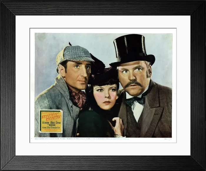 Framed Print : THE ADVENTURES OF SHERLOCK HOLMES, from left, Basil Rathbone, Ida Lupino, Nigel Bruce, 1939, TM and copyright 20th Century Fox Film Corp