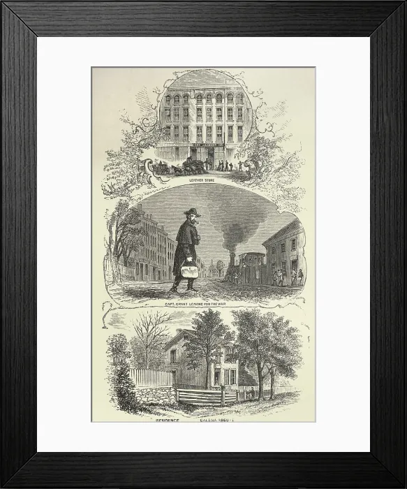 Framed Print : Three scenes from Grant's life in Galena, Illinois in 1860-61. At top is J.R. Grant, his father's leather store where he worked as a clerk Framed Print : Three scenes from Grant's life in Galena, Illinois in 1860-61. At top is J.R. Grant, his father's leather store where he worked as a clerk