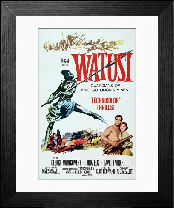 Framed Print : WATUSI, US poster art, from left: George Montgomery, Taina Elg, 1959 Framed Print : WATUSI, US poster art, from left: George Montgomery, Taina Elg, 1959