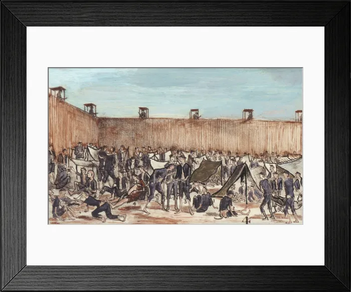 Framed Print : Andersonville Prison. A corner of the stockade, with guard posts along the top. Below are the prisoners and their tents Framed Print : Andersonville Prison. A corner of the stockade, with guard posts along the top. Below are the prisoners and their tents