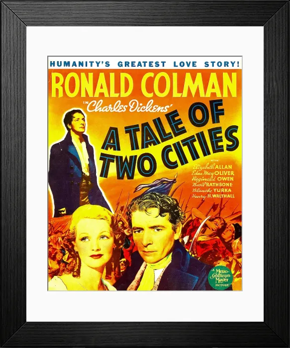 Framed Print : A TALE OF TWO CITIES, background: Ronald Colman, foreground from left: Elizabeth Allen, Ronald Colman on window card, 1935