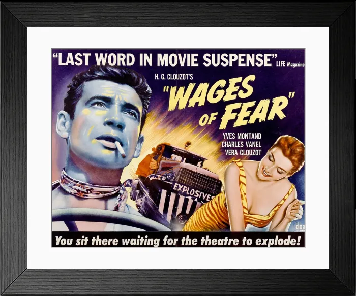 Framed Print : THE WAGES OF FEAR, from left: Yves Montand, Vera Clouzot on poster art, 1955