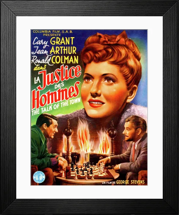 Framed Print : THE TALK OF THE TOWN, upper right: Jean Arthur; bottom left: Cary Grant; bottom right: Ronald Colman; Belgian poster art, 1942 Framed Print : THE TALK OF THE TOWN, upper right: Jean Arthur; bottom left: Cary Grant; bottom right: Ronald Colman; Belgian poster art, 1942