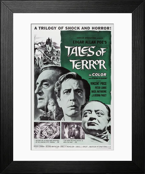 Framed Print : TALES OF TERROR, l-r: Basil Rathbone, Vincent Price, Peter Lorre on poster art, 1962