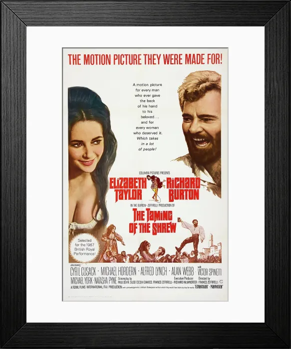 Framed Print : THE TAMING OF THE SHREW, US poster, from left: Elizabeth Taylor, Richard Burton, 1967