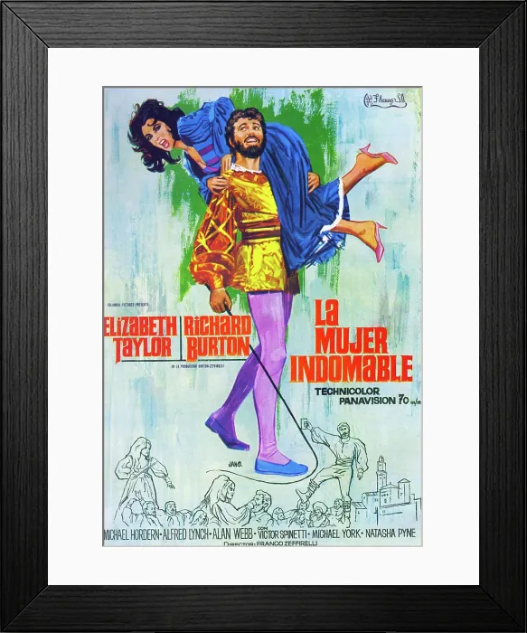 Framed Print : THE TAMING OF THE SHREW, (aka LA MUJER INDOMABLE), Richard Burton carrying Elizabeth Taylor on Spanish poster art, 1967