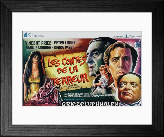 Framed Print : TALES OF TERROR, (aka LES CONTES DE LA TERREUR), right side from left: Basil Rathbone, Vincent Price, Peter Lorre on Belgian poster art, 1962 Framed Print : TALES OF TERROR, (aka LES CONTES DE LA TERREUR), right side from left: Basil Rathbone, Vincent Price, Peter Lorre on Belgian poster art, 1962