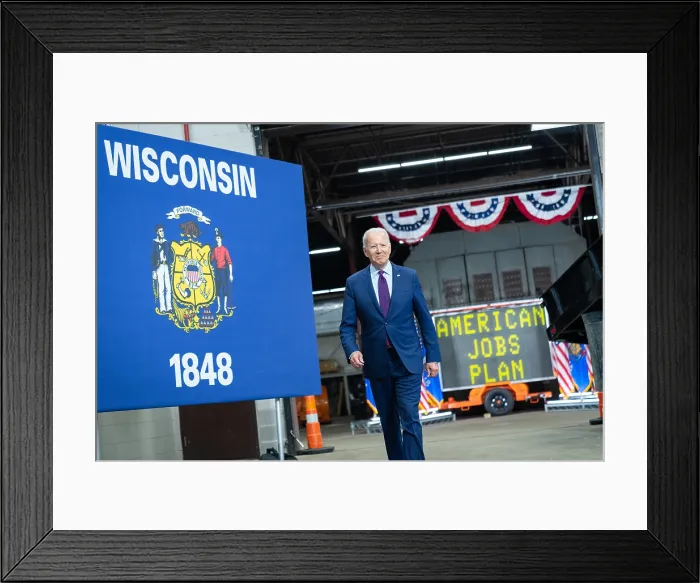 Framed Print : President Joe Biden arrives at La Crosse, Wisconsin, to promote his American Jobs Plan and Congressional passage of the bipartisan infrastructure legislation, June 29