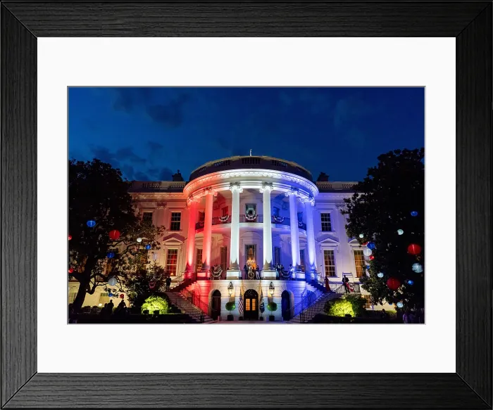 Framed Print : The South Portico of the White House lit up with red, white and blue lights during the Fourth of July Celebration, July 4, 2021 (BSLOC_2021_11_38) Framed Print : The South Portico of the White House lit up with red, white and blue lights during the Fourth of July Celebration, July 4, 2021 (BSLOC_2021_11_38)