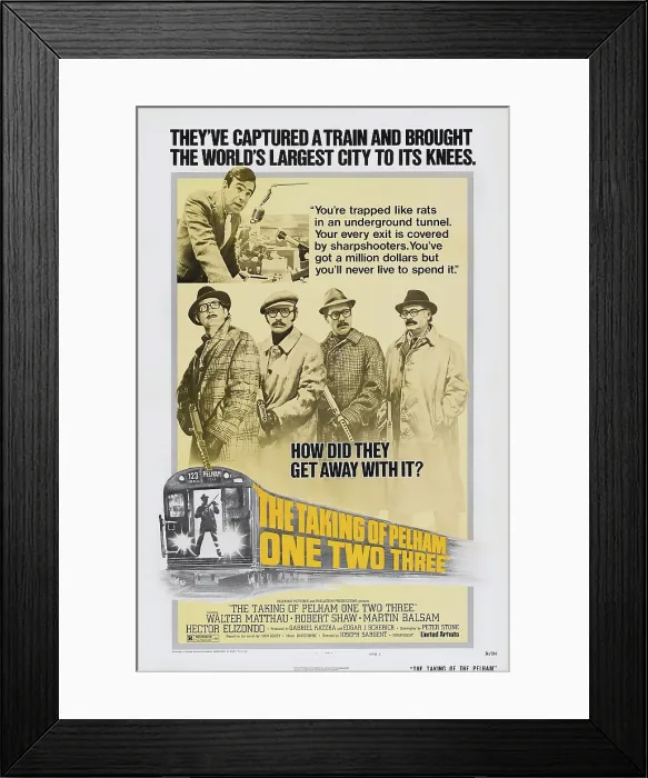 Framed Print : THE TAKING OF PELHAM ONE TWO THREE, US poster, Walter Matthau (top), center from left: Robert Shaw, Hector Elizondo, Earl Hindman, Martin Balsam, 1974 Framed Print : THE TAKING OF PELHAM ONE TWO THREE, US poster, Walter Matthau (top), center from left: Robert Shaw, Hector Elizondo, Earl Hindman, Martin Balsam, 1974