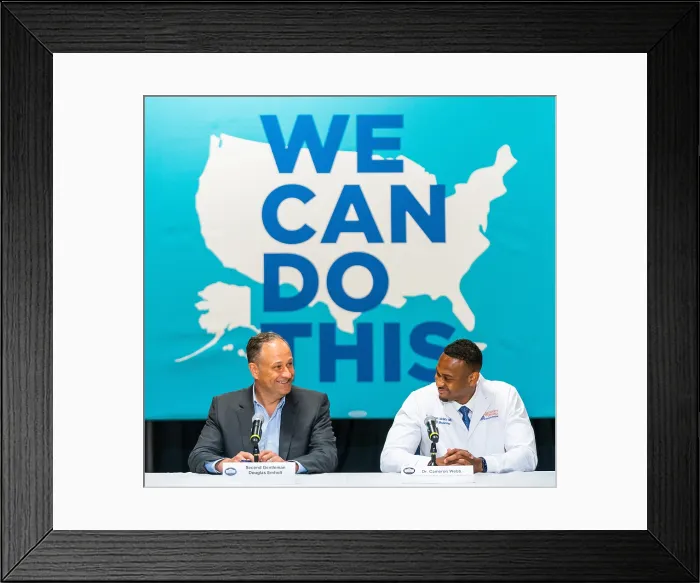 Framed Print : Second Gentleman Douglas Emhoff (left) participates in a roundtable discussion at the Esperanza Health Center vaccination site, June 23, 2021