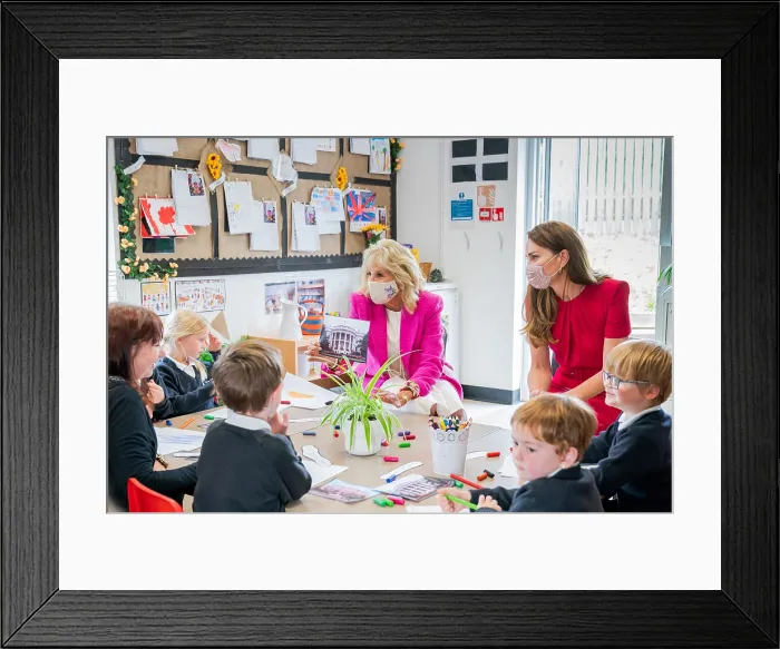 Framed Print : First Lady Jill Biden and Catherine, the Duchess of Cambridge, visit a classroom at Connor Downs Academy, June 11, 2021