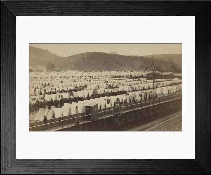 Framed Print : Tents and barracks within a stockade at Elmira Prison, Camp Rathburn, in southern New York State. The Union POW camp was built to hold 12, 000 Confederate inmates