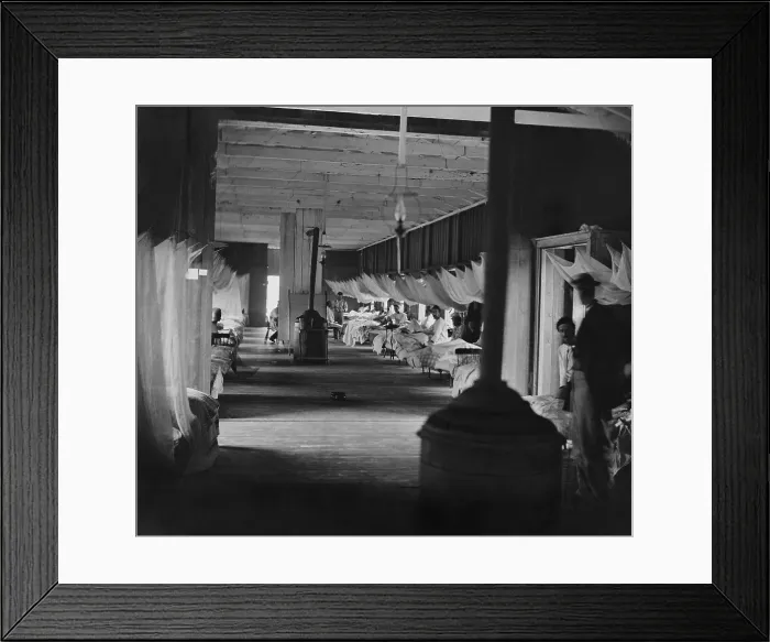 Framed Print : Union army patients in a Harewood Hospital ward, have mosquito nets over beds in 1864