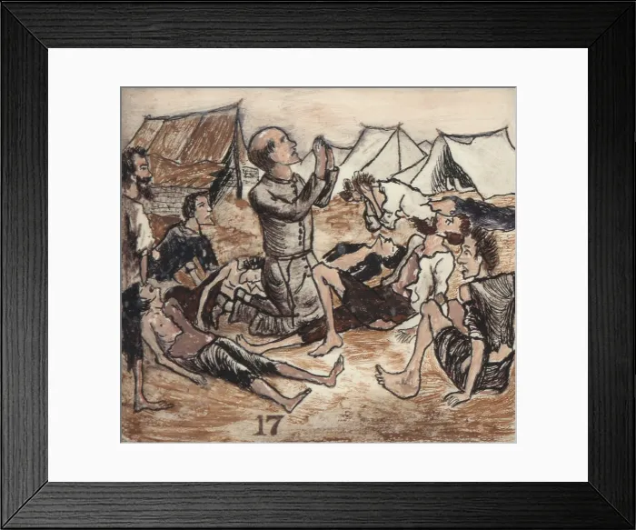 Framed Print : Andersonville Prison. The Good Samaritan, Father Whelan prays for the dead and dying