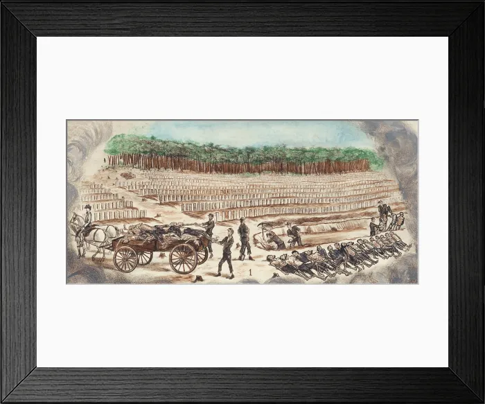 Framed Print : Andersonville Prison. Prisoners work on a burial detail in the Andersonville cemetery. Some men are digging a long trench, as others unload and line up the dead for burial Framed Print : Andersonville Prison. Prisoners work on a burial detail in the Andersonville cemetery. Some men are digging a long trench, as others unload and line up the dead for burial