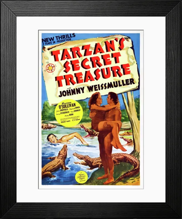 Framed Print : TARZAN'S SECRET TREASURE, US poster art, from left: Maureen O'Sullivan, Johnny Weissmuller, 1941