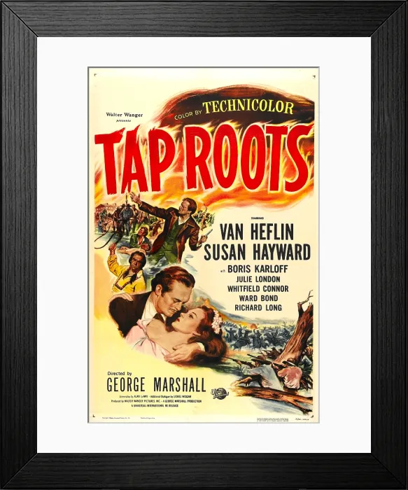 Framed Print : TAP ROOTS, US poster, from top: Van Heflin, Boris Karloff, Susan Hayward, Van Heflin, 1948