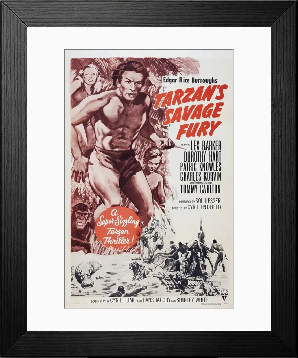 Framed Print : TARZAN'S SAVAGE FURY, US poster art, top from left: Dorothy Hart, Lex Barker, Tommy Carlton, 1952 Framed Print : TARZAN'S SAVAGE FURY, US poster art, top from left: Dorothy Hart, Lex Barker, Tommy Carlton, 1952