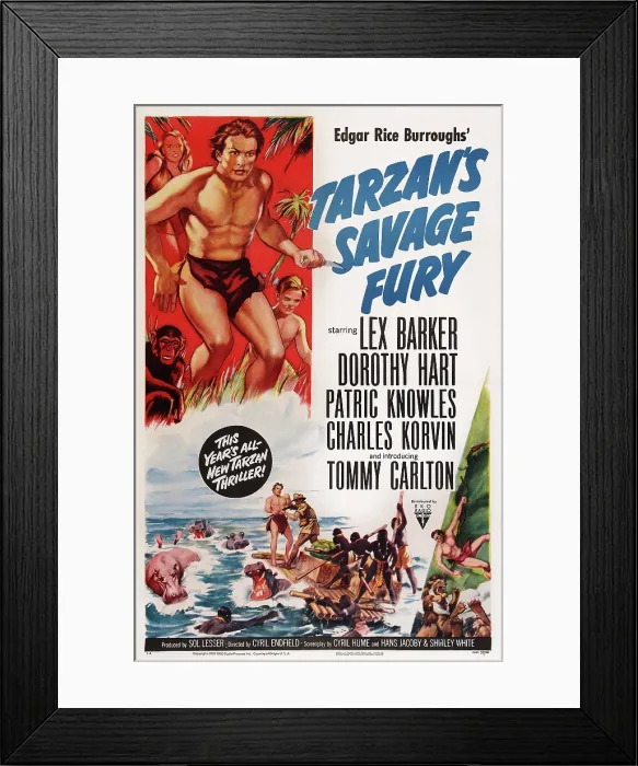 Framed Print : TARZAN'S SAVAGE FURY, US poster art, top from left: Dorothy Hart, Lex Barker, Tommy Carlton, 1952 Framed Print : TARZAN'S SAVAGE FURY, US poster art, top from left: Dorothy Hart, Lex Barker, Tommy Carlton, 1952