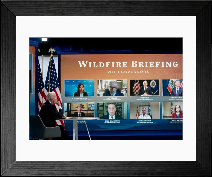 Framed Print : President Joe Biden attends virtual meeting with western state's governors after unprecedented wildfires, July 30, 2021 Framed Print : President Joe Biden attends virtual meeting with western state's governors after unprecedented wildfires, July 30, 2021