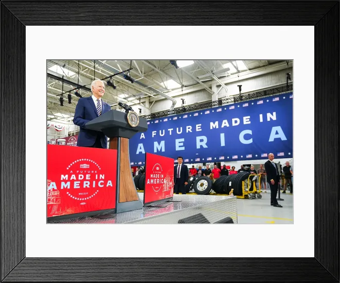 Framed Print : President Joe Biden speaks at the Mack-Lehigh Valley Operations Manufacturing Facility in Macungie, Pennsylvania, July 28, 2021