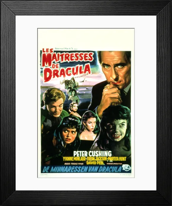 Framed Print : THE BRIDES OF DRACULA, (aka LES MAITRESSES DE DRACULA), Belgian poster art, David Peel, Yvonne Monlaur, Peter Cushing, Andree Melly, 1960