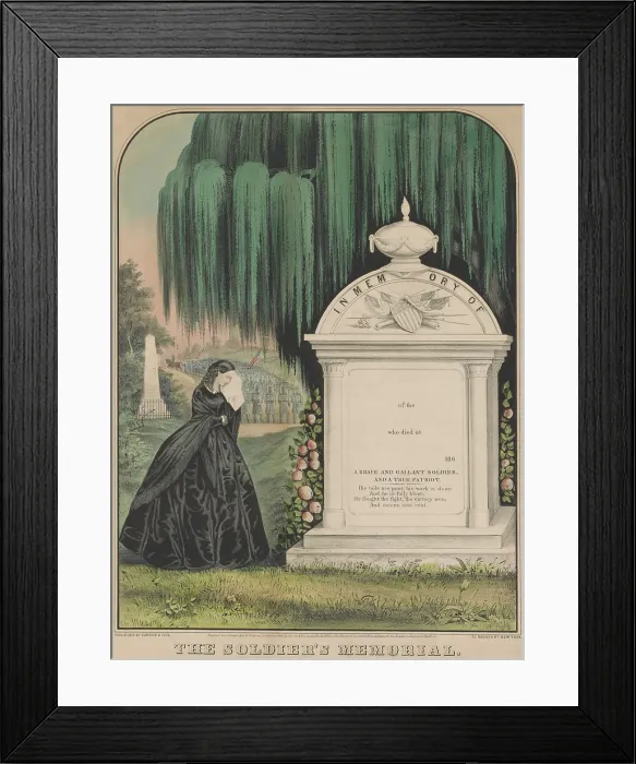 Framed Print : US Civil War memorial print depicting a young women mourning at tomb of Civil War soldier
