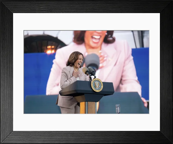 Framed Print : Vice President Kamala Harris delivers welcomes guest and performers at a Juneteenth concert on the South Lawn of the White House, June 13, 2023