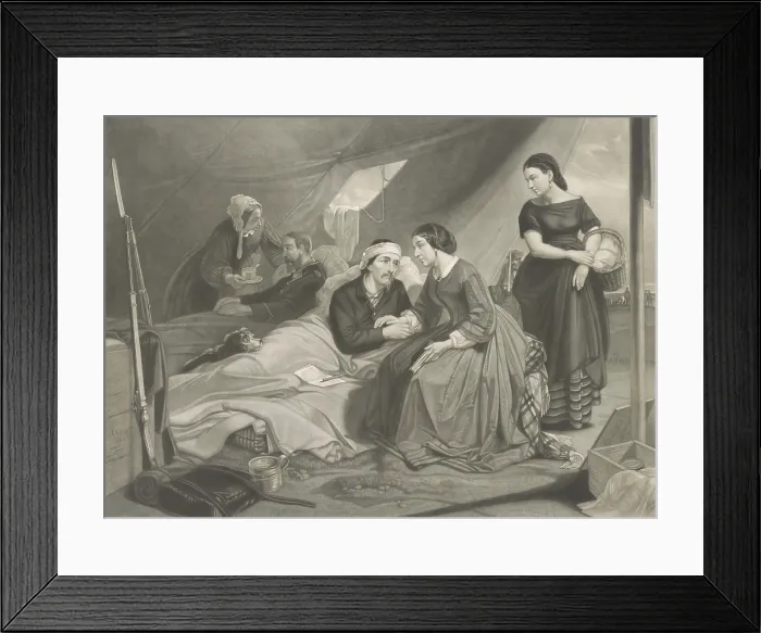 Framed Print : Union nurses attending to wounded soldiers in a field hospital tent during the US Civil War. 1865 engraving by painting after Christian Schussele (BSLOC_2019_2_66) Framed Print : Union nurses attending to wounded soldiers in a field hospital tent during the US Civil War. 1865 engraving by painting after Christian Schussele (BSLOC_2019_2_66)