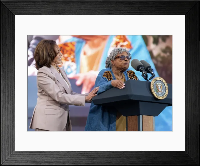 Framed Print : Vice President Kamala Harris stands by as Viola Fletcher, aka Mother Fletcher, speaks at the opening of the Juneteenth concert on the South Lawn of the White House, June 13, 2023 Framed Print : Vice President Kamala Harris stands by as Viola Fletcher, aka Mother Fletcher, speaks at the opening of the Juneteenth concert on the South Lawn of the White House, June 13, 2023