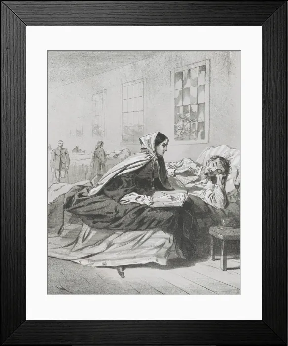 Framed Print : Union nurse writing a letter for a wounded Army of the Potomac soldier in a hospital bed. Print after a drawing by Winslow Homer, 1863 (BSLOC_2019_2_67)
