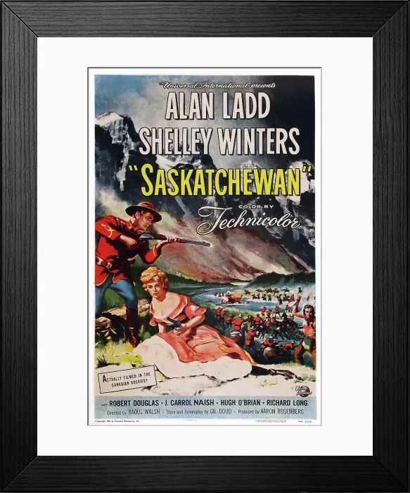 Framed Print : SASKATCHEWAN, from left: Alan Ladd, Shelley Winters on poster art, 1954