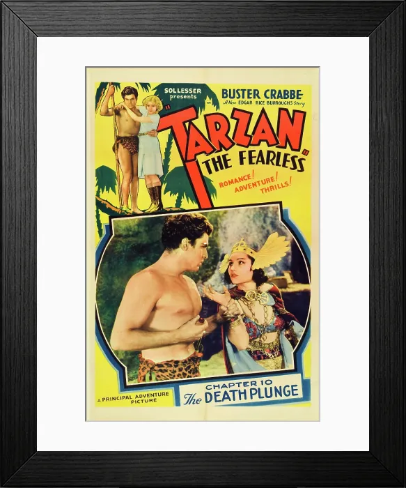 Framed Print : TARZAN, THE FEARLESS, top from left: Buster Crabbe, Julie Bishop, bottom l-r: Buster Crabbe, Carlotta Monti in Chapter 10-The Death Plunge, poster art, 1933