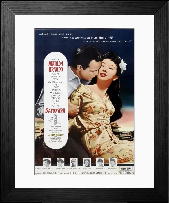 Framed Print : SAYONARA, top from left: Marlon Brando, Miiko Taka, bottom from left: Patricia Owens, Red Buttons, Ricardo Montalban, Martha Scott, Mayoshi Umeki, James Garner, 1957 Framed Print : SAYONARA, top from left: Marlon Brando, Miiko Taka, bottom from left: Patricia Owens, Red Buttons, Ricardo Montalban, Martha Scott, Mayoshi Umeki, James Garner, 1957