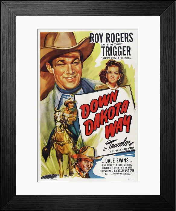 Framed Print : DOWN DAKOTA WAY, US poster art, top from left: Roy Rogers, Dale Evans, Roy Rogers (horseback), Pat Brady (bottom), 1949