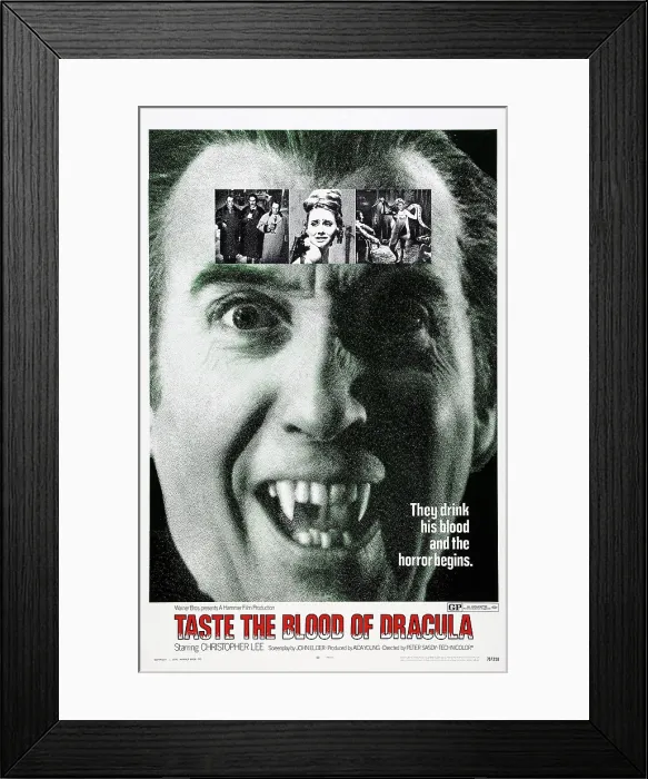 Framed Print : TASTE THE BLOOD OF DRACULA, Christopher Lee on poster art, 1970