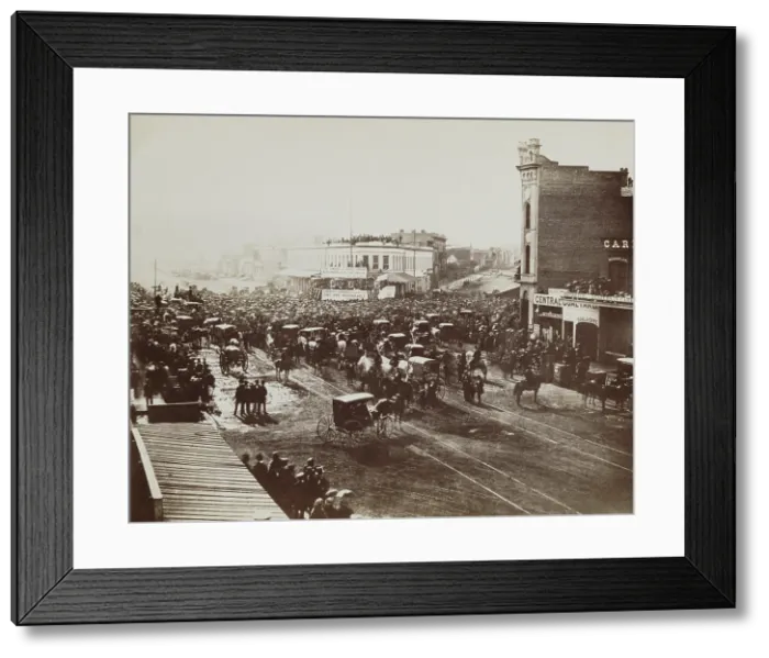Framed Print : Union mass meeting in San Francisco, California, in support of the federal government, Feb. 22, 1861. Crowd gathers at the speaker's platform at Post and Montgomery Streets