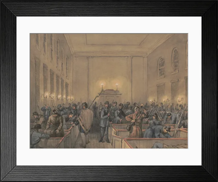 Framed Print : A Union soldiers of Company B, Pennsylvania 8th Regiment, bivouac church pews in Chambersburg, Pennsylvania in 1862. On Oct. 10, 1862, Confederate cavalry led by Maj. Gen. J.E.B