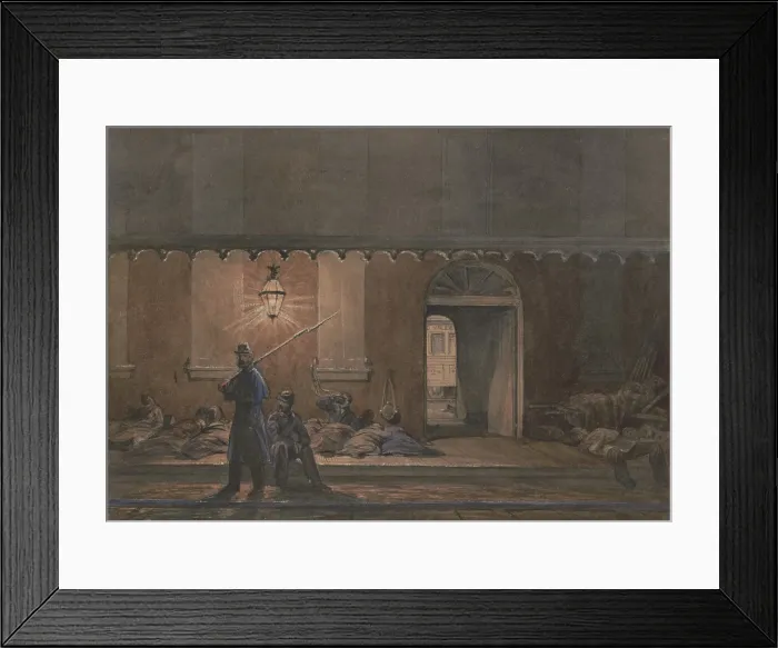 Framed Print : A Union soldier of Company B, Pennsylvania 8th Regiment, guards as his compatriots sleep in bedrolls on a sidewalk. Scene from US Civil War in the Northeast, 1861-65 Framed Print : A Union soldier of Company B, Pennsylvania 8th Regiment, guards as his compatriots sleep in bedrolls on a sidewalk. Scene from US Civil War in the Northeast, 1861-65