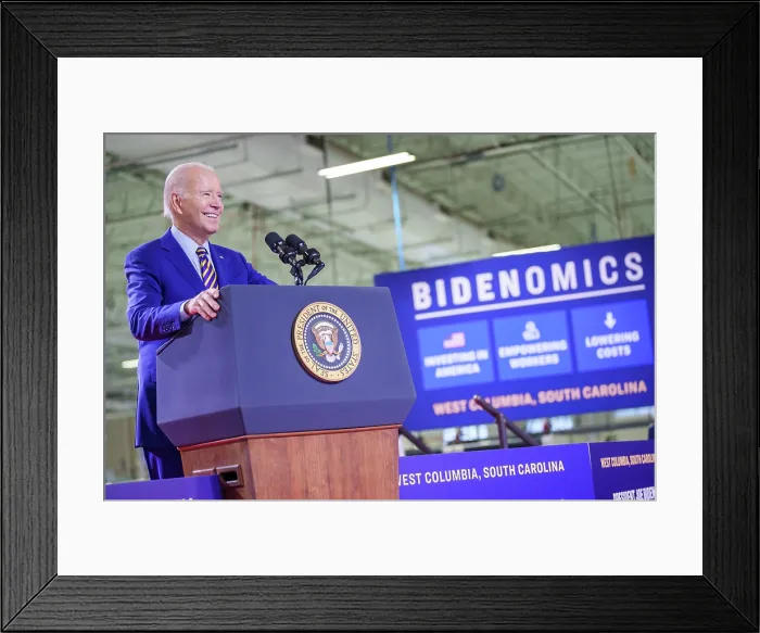 Framed Print : President Joe Biden speaks at Flex LTD, a manufacturing facility in West Columbia, South Carolina on July 6, 2023, as part of his Investing in America tour