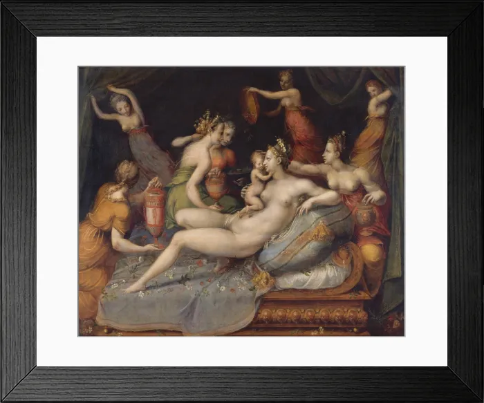 Framed Print : THE BIRTH OF CUPID, by Master of Flora, 1550-99, French painting, Mannerism, oil on wood. Birth of Cupid, with attendants ministering to his mother, Venus Framed Print : THE BIRTH OF CUPID, by Master of Flora, 1550-99, French painting, Mannerism, oil on wood. Birth of Cupid, with attendants ministering to his mother, Venus