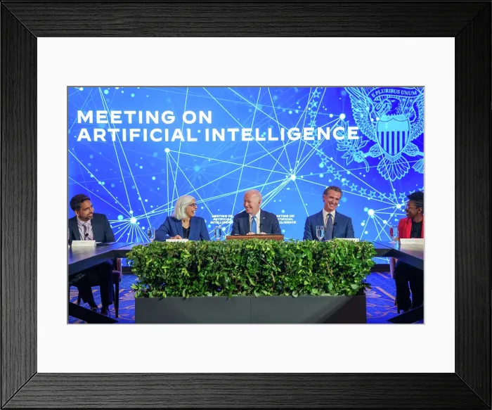 Framed Print : President Joe Biden hosts a meeting on Artificial Intelligence, June 20, 2023, at the Fairmont Hotel in San Francisco. To Biden's left, is California Governor, Gavin Newsom