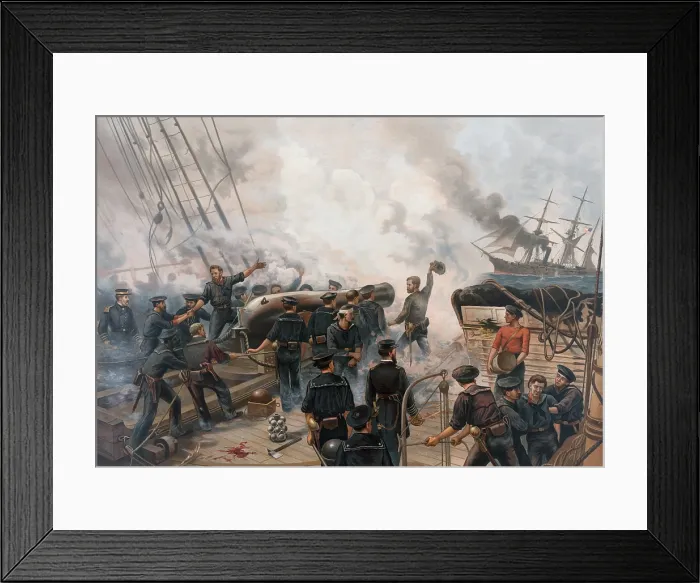 Framed Print : Battle of Cherbourg, June 1864, as seen from the deck of the USS Kearsarge as its cannon fires on the CSS Alabama Framed Print : Battle of Cherbourg, June 1864, as seen from the deck of the USS Kearsarge as its cannon fires on the CSS Alabama